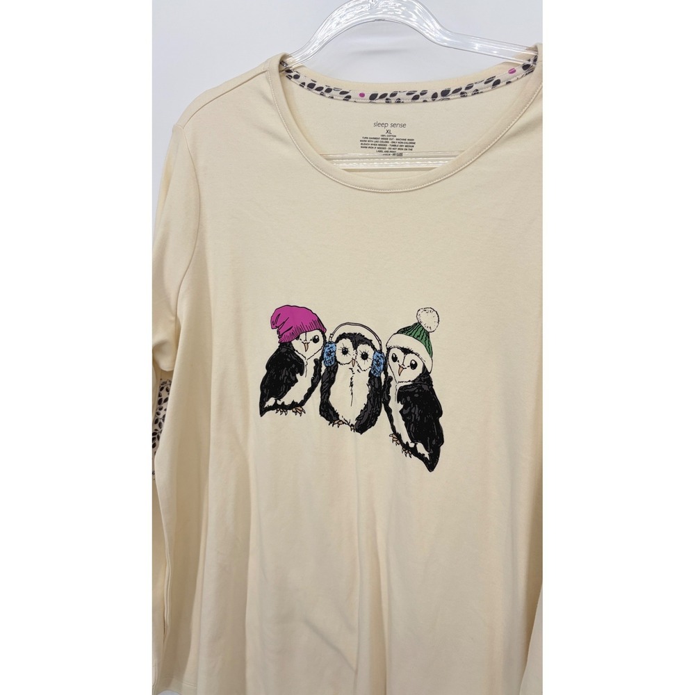 Sleep Sense Owl Pajama Top XL Cream Cotton Long Sleeve Elbow Patches winter